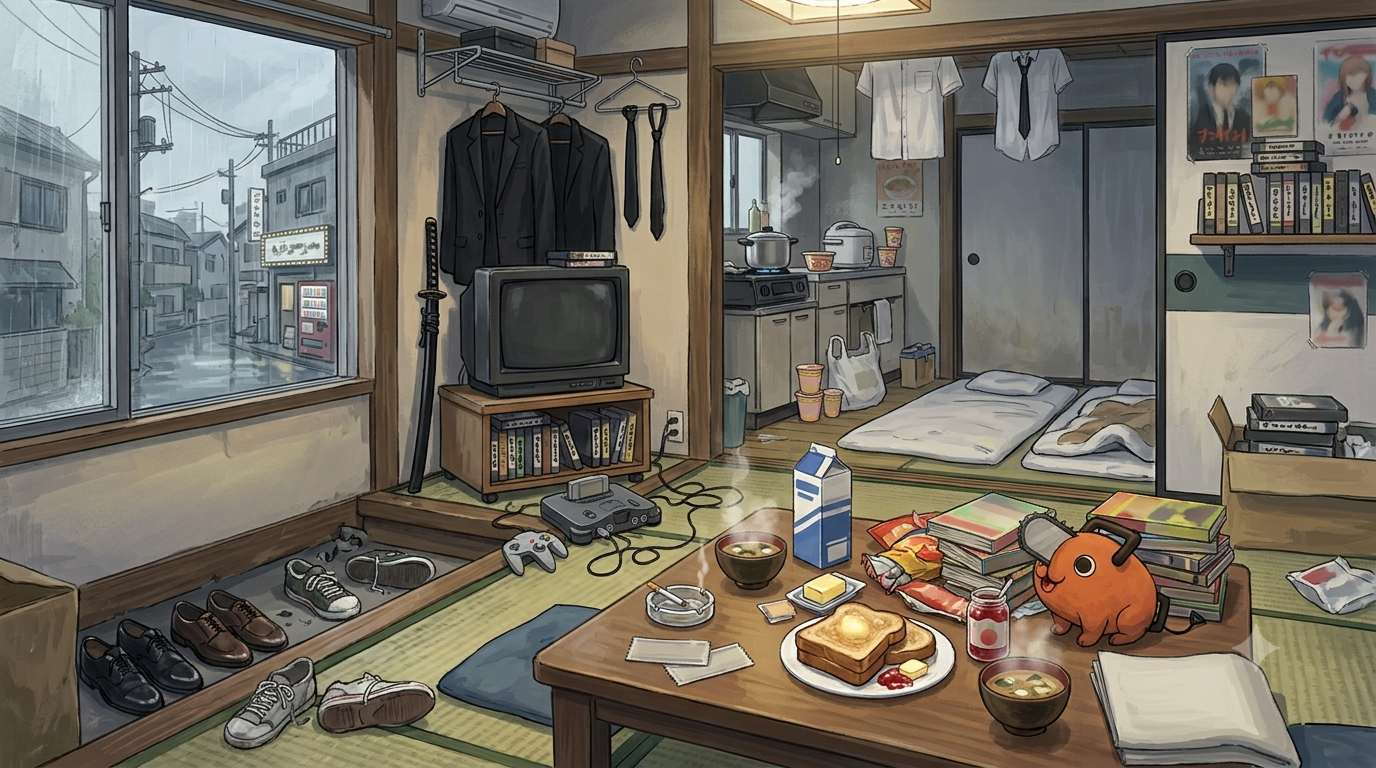 A painted apartment on a rainy evening: a small TV, toast on the table, and Pochita by the manga stacks