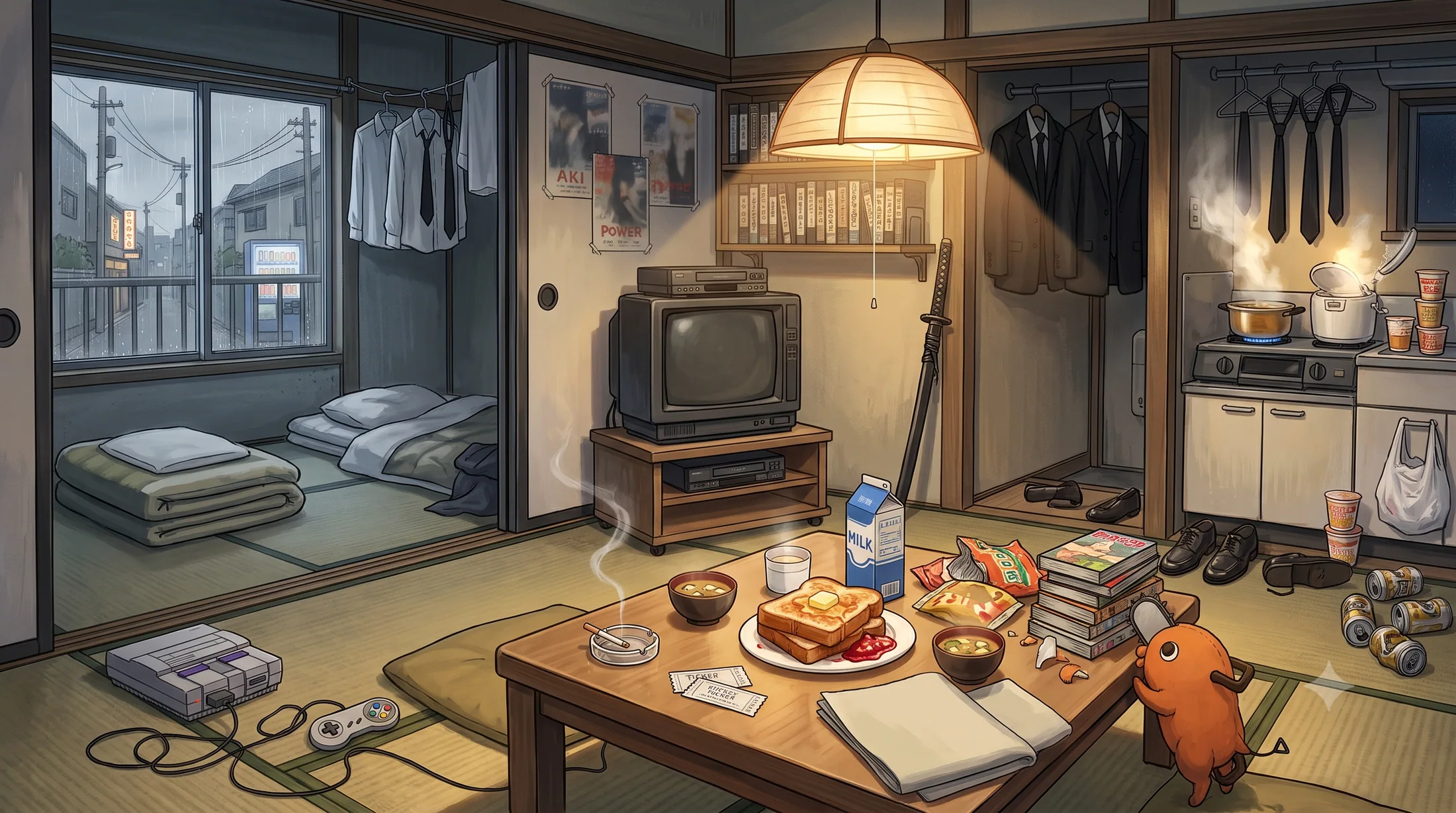 A painted apartment on a rainy evening: a small TV, toast on the table, and Pochita by the manga stacks