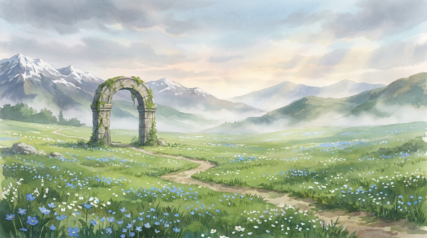 A watercolor meadow of blue wildflowers with a footpath passing an old stone arch toward misty mountains