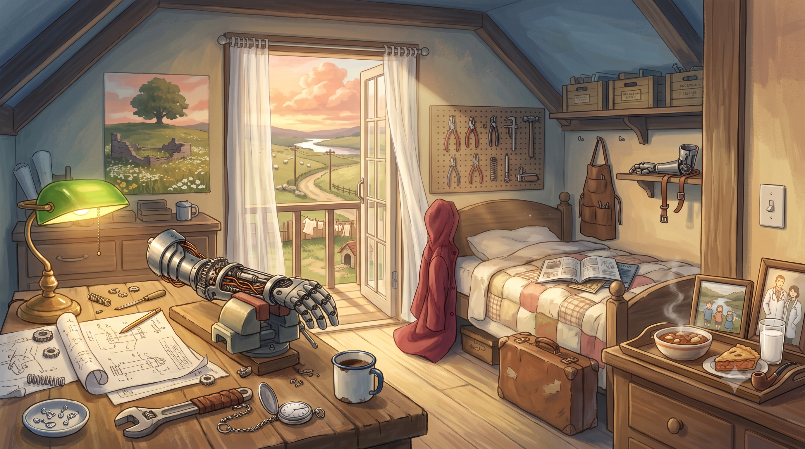 A painted attic bedroom at sunset: an automail arm on the desk, a red coat by the bed, Resembool's hills through the open door