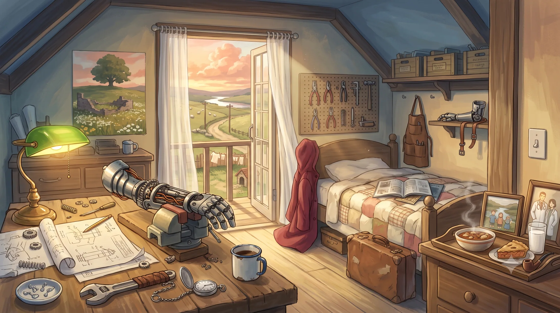 A painted attic bedroom at sunset: an automail arm on the desk, a red coat by the bed, Resembool's hills through the open door