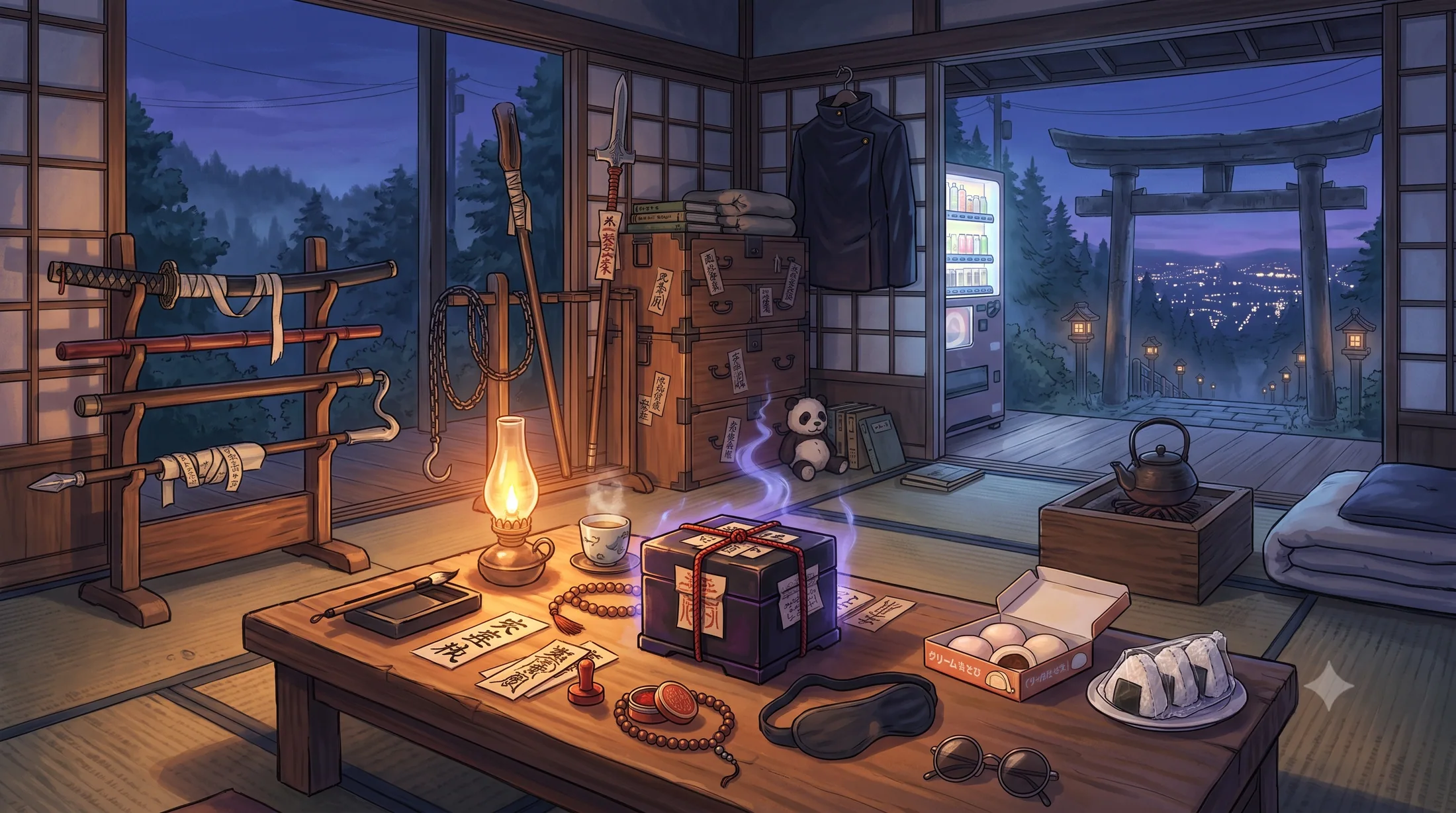 A painted dorm room at Jujutsu High by night: a sealed cursed box, weapon racks, torii gates and lanterns outside