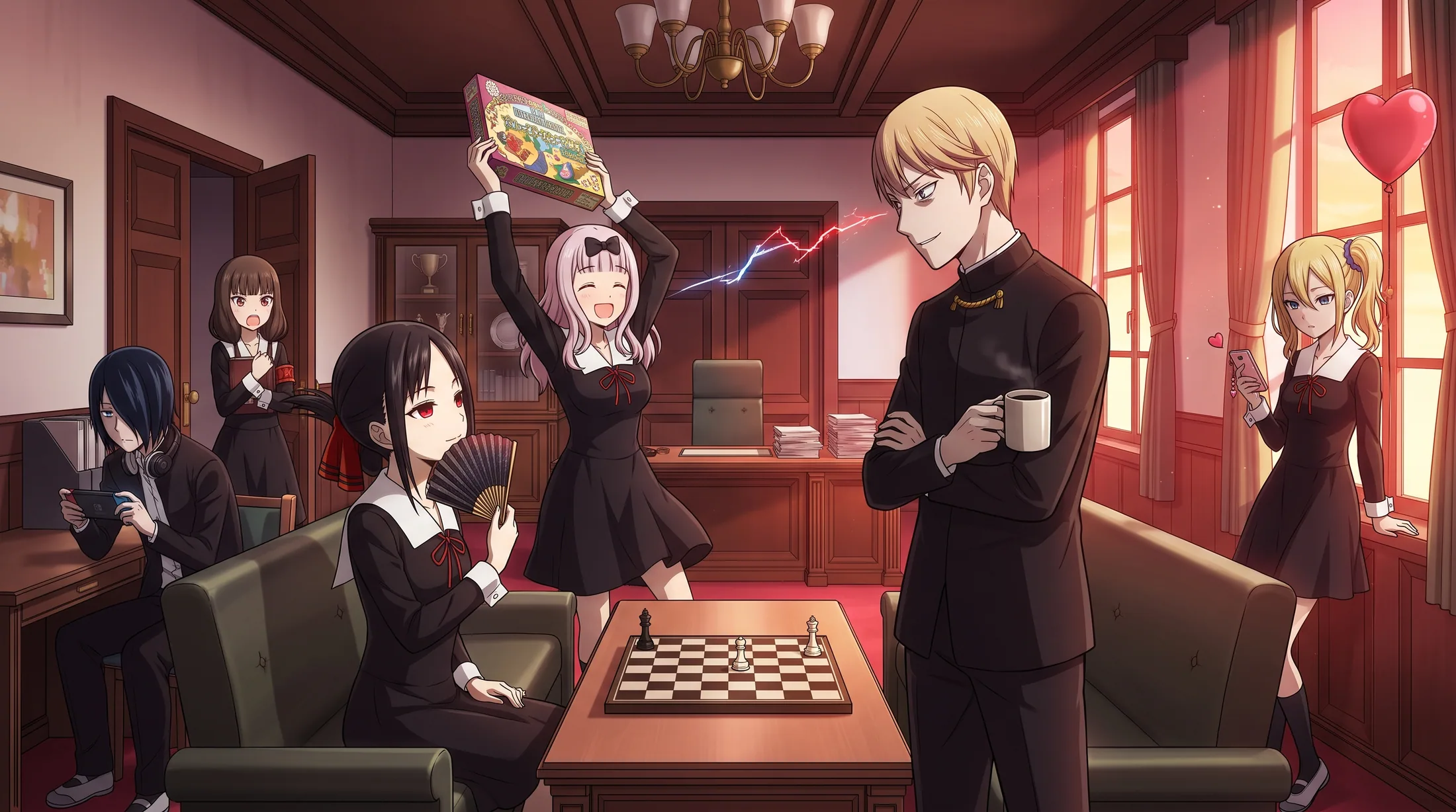 The Shuchiin Academy student council room at golden hour, its members gathered around a chessboard