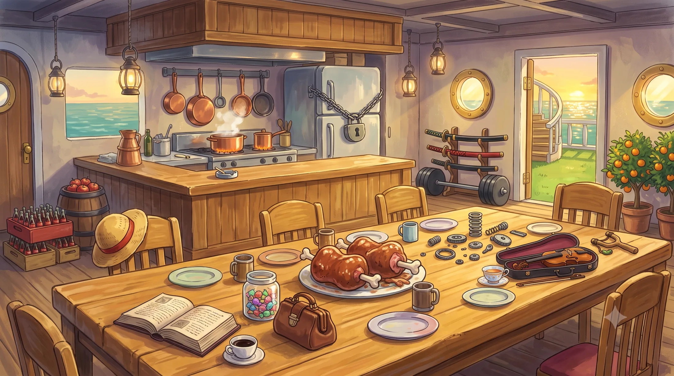 A painted ship's galley: copper pots over the stove, a straw hat on a chair, the sunset sea through portholes