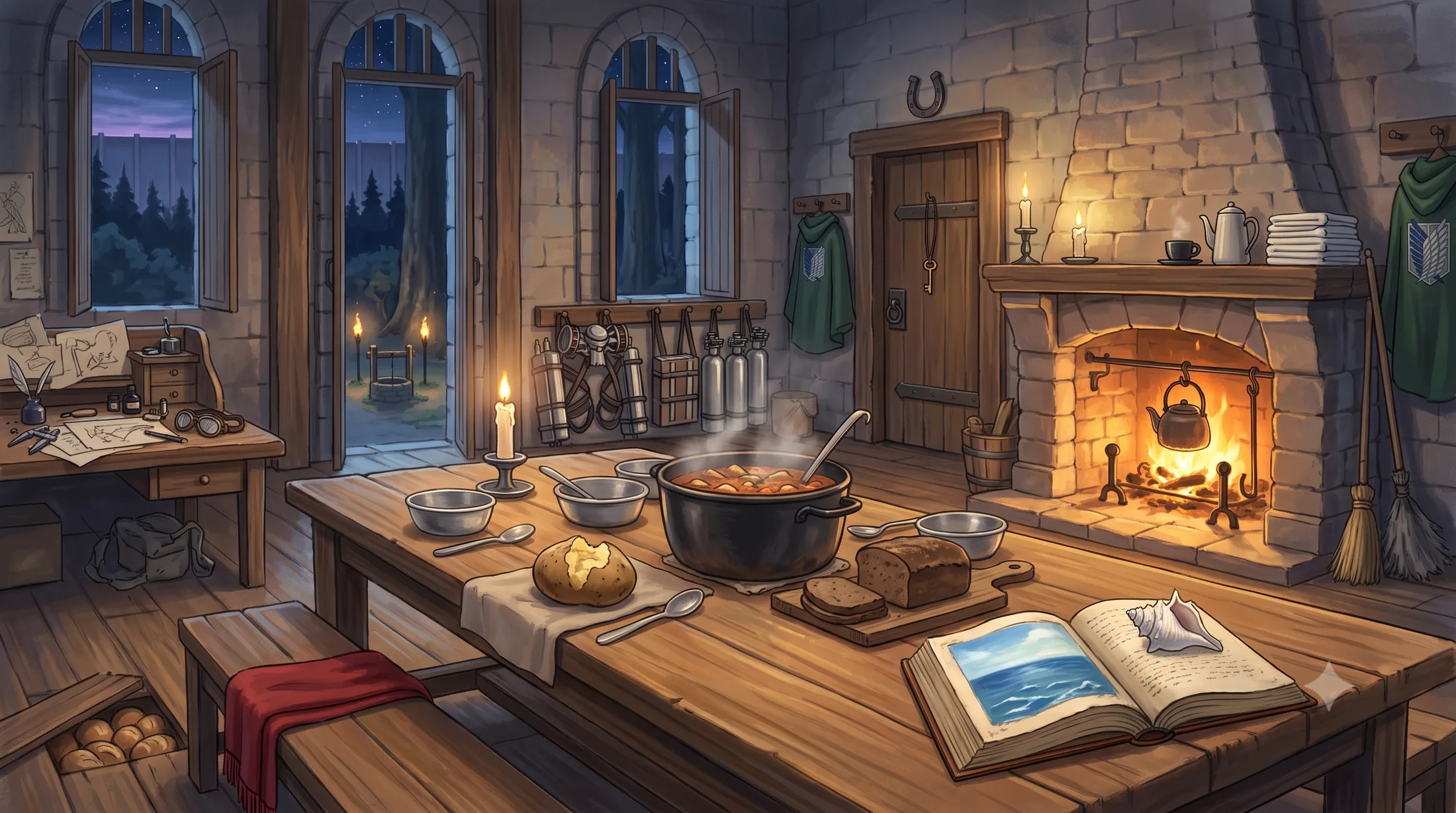 A painted stone mess hall: stew over the fire, scout cloaks on the wall, the walls dark beyond the windows