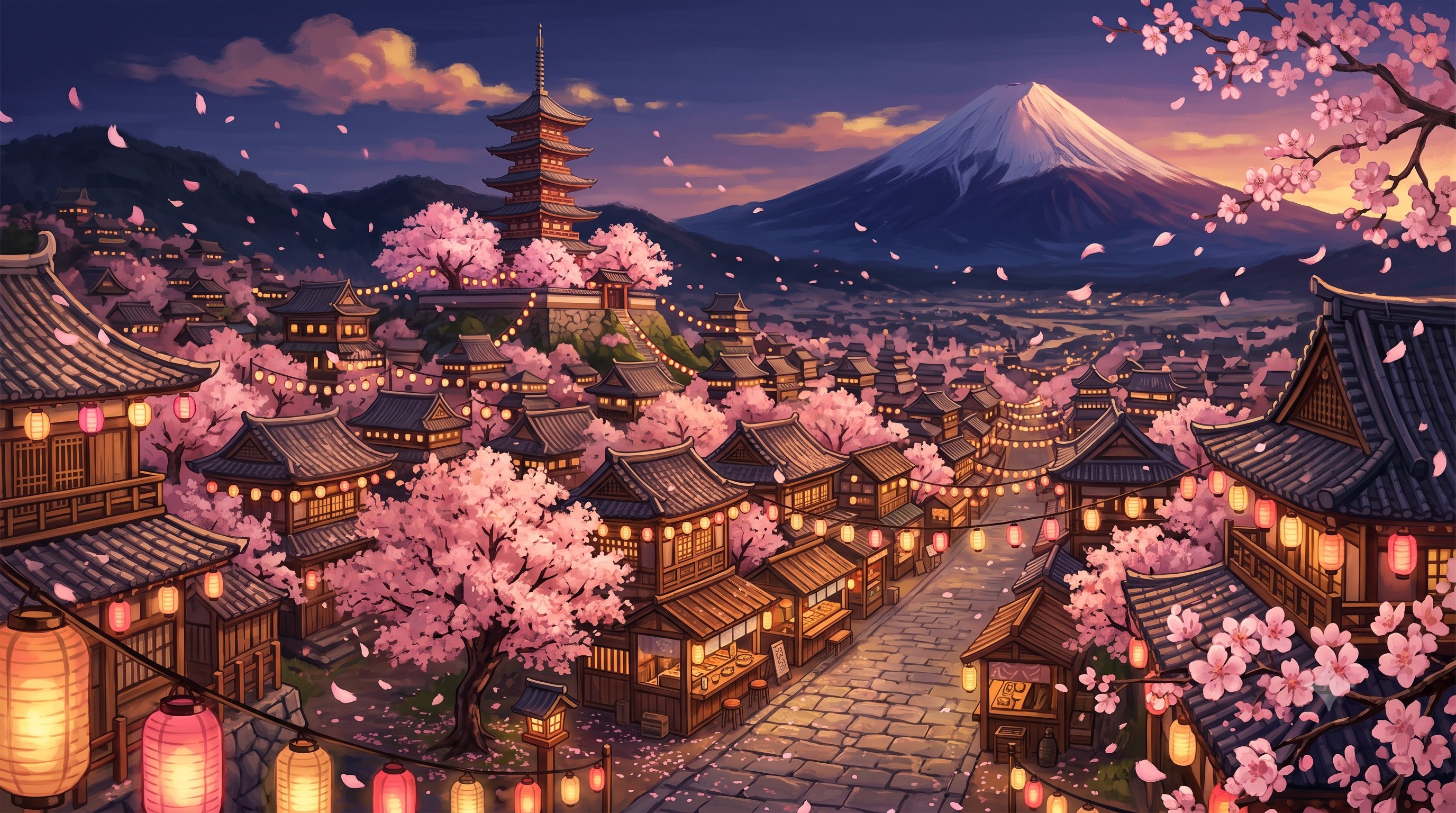 A painted festival street in Wano's Flower Capital, cherry blossoms and paper lanterns glowing at evening