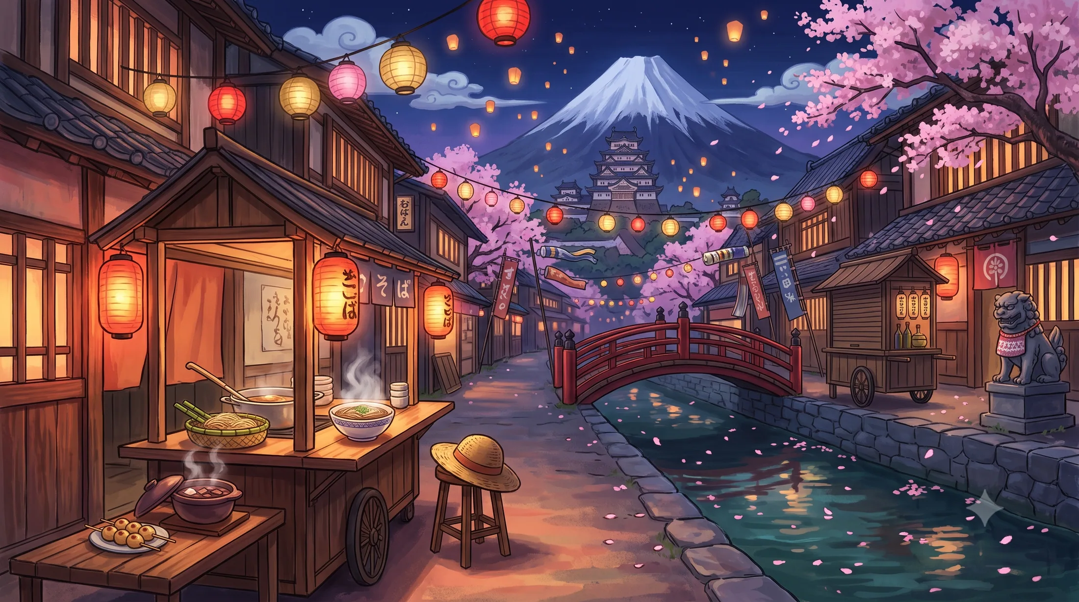 A painted festival street in Wano's Flower Capital, cherry blossoms and paper lanterns glowing at evening